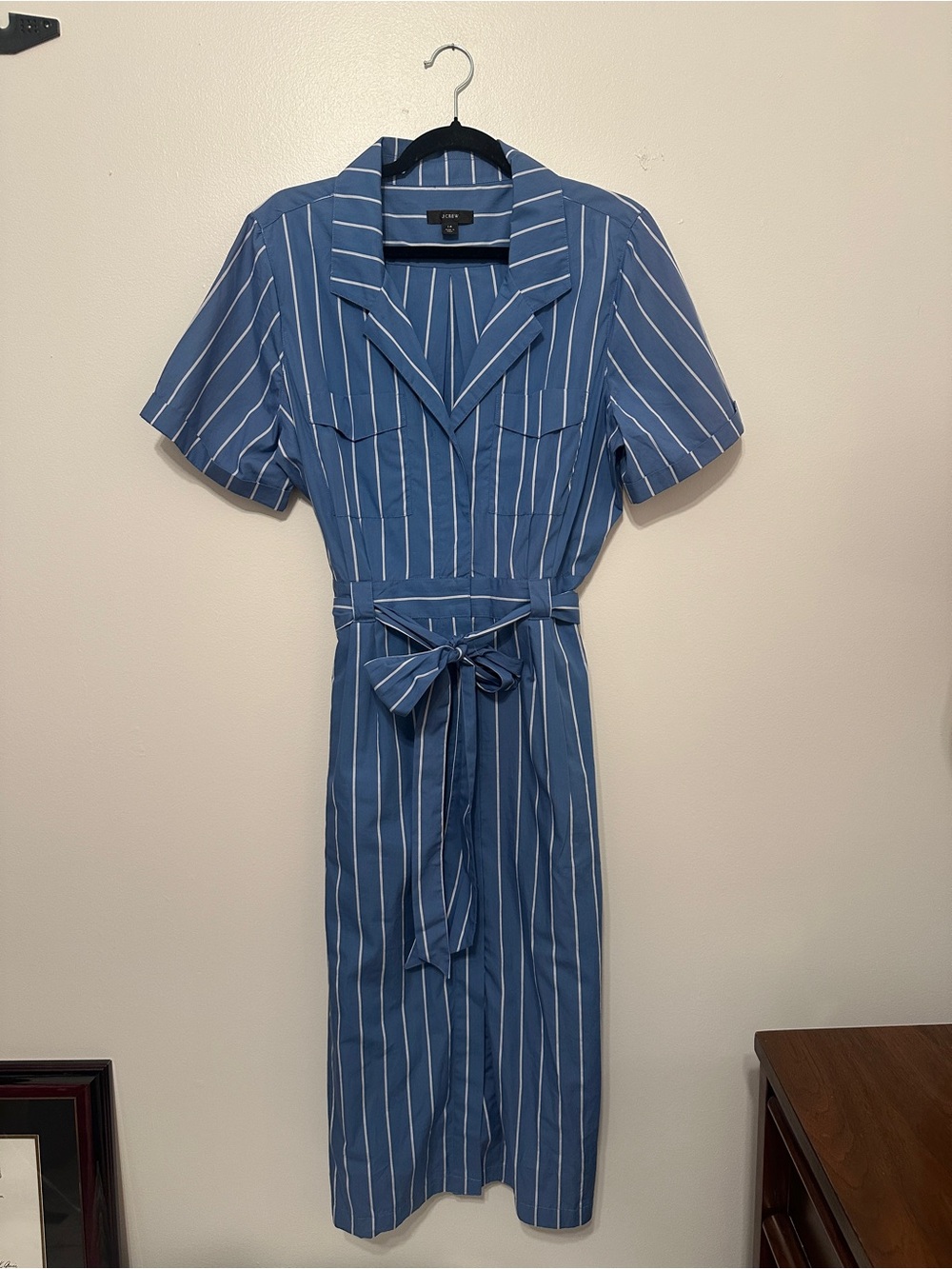 J. Crew Blue and White Striped Midi Shirt Dress with Waist Tie